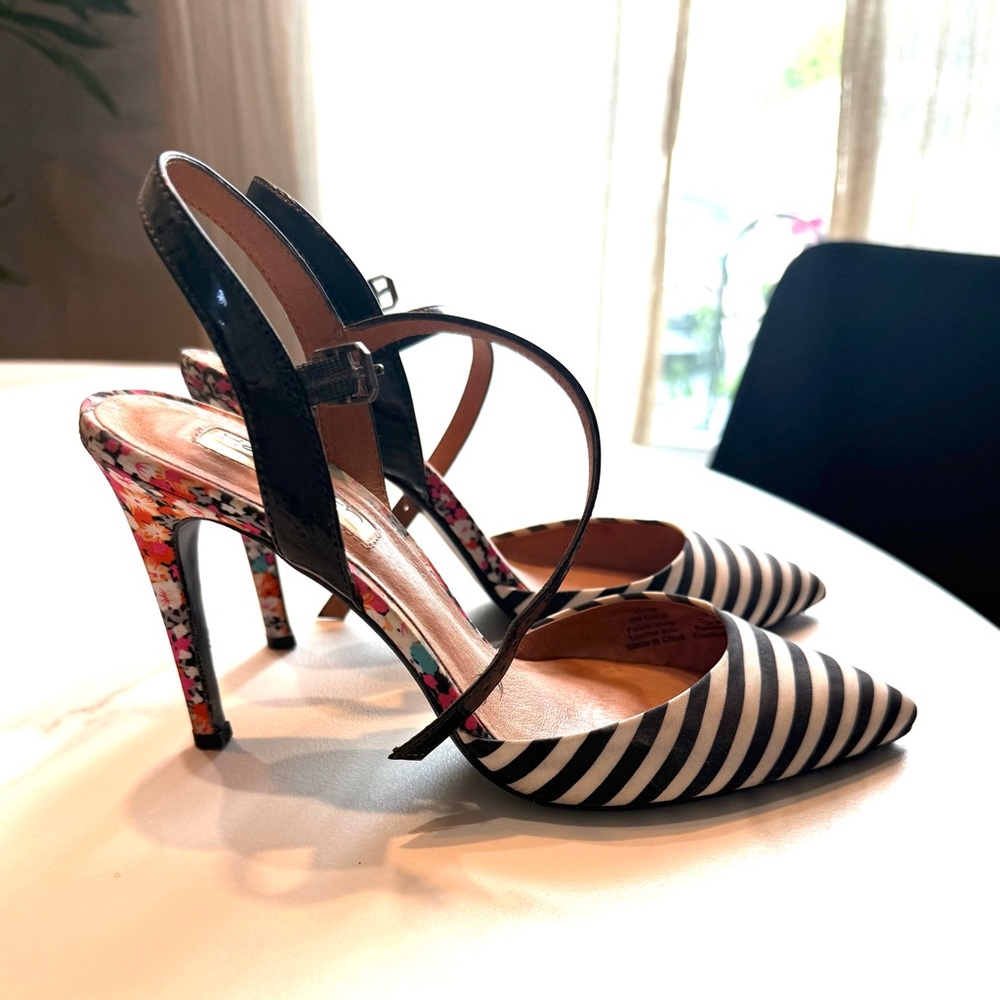 Halogen Black and White Striped Heels with Floral Accent